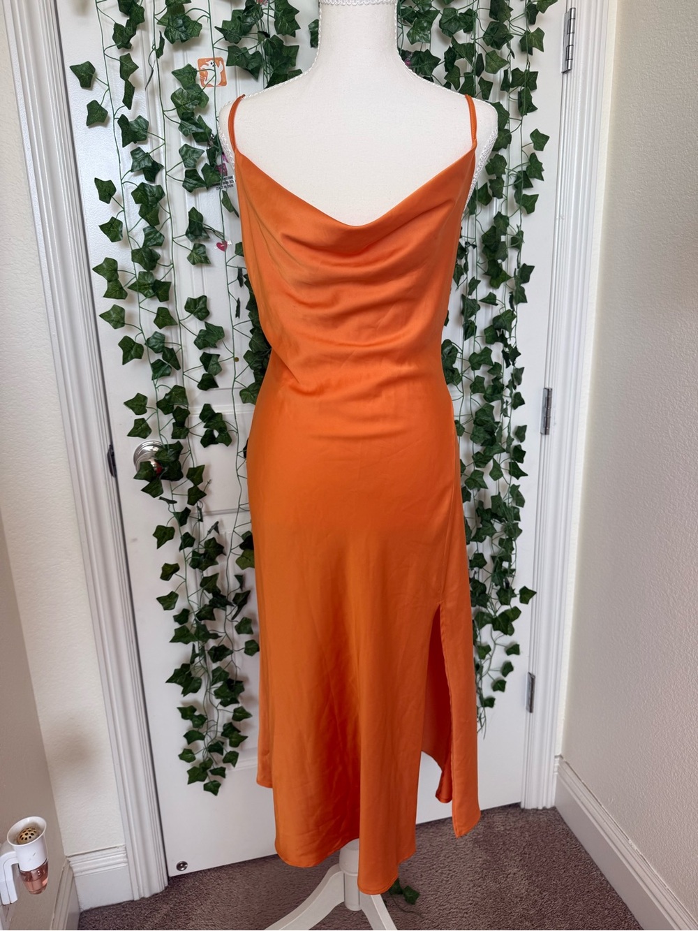 Orange Cowl Slip Midi Dress